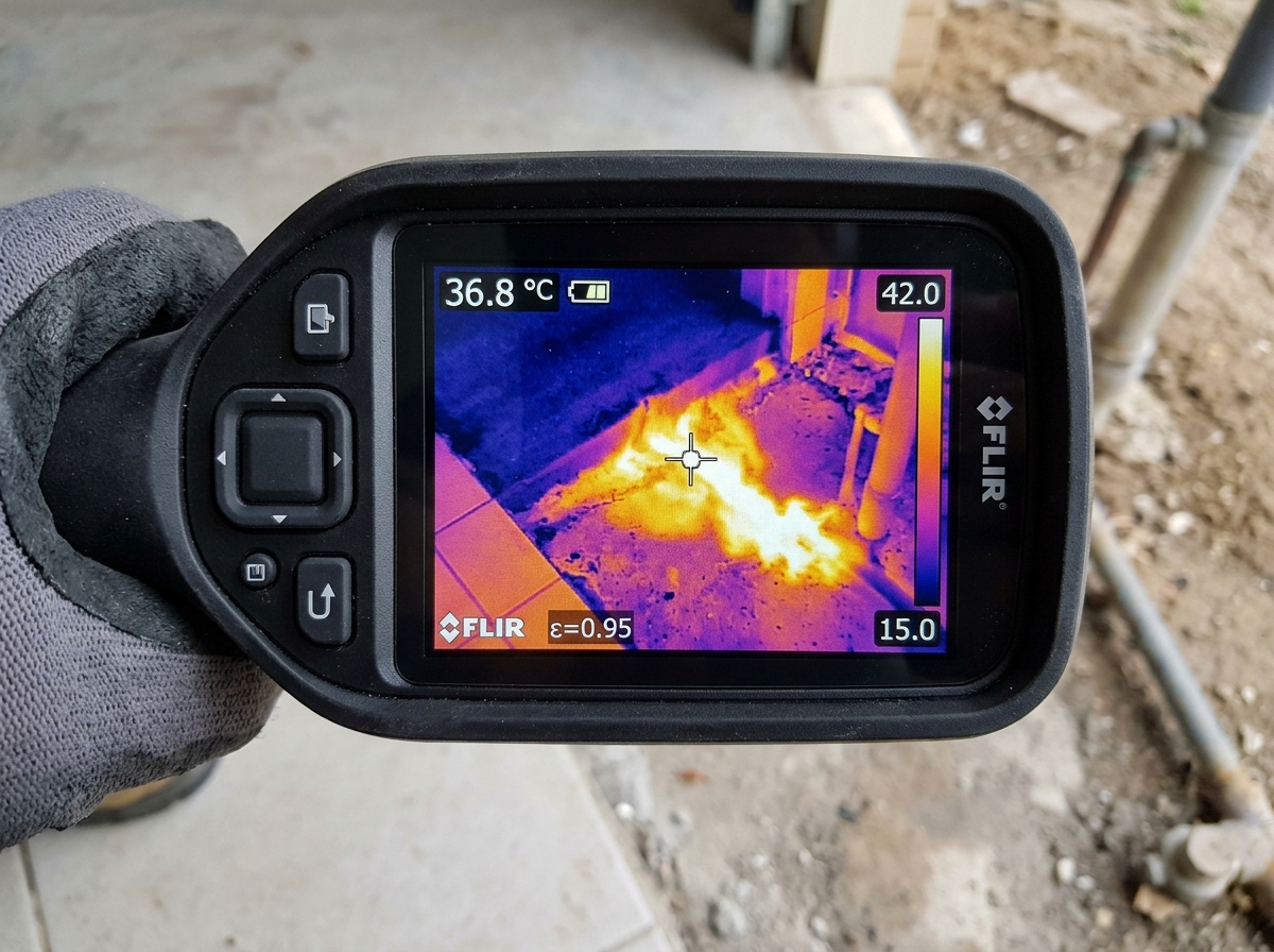 Thermal infrared camera showing hot water slab leak bloom on concrete floor